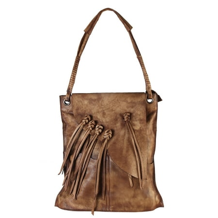 Diophy Fringe Large Genuine Leather Hobo Ping Tote Handbag Brown