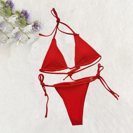 Rigardu Hot Sale!! Women s Two Piece Swimsuit V Neck Swimwear Halter String Triangle Bikini Sets Women Swimsuit Bikini Swimwear Beach Women Solid Color Swimsuit Backless Swimwear Jumpsui Red S