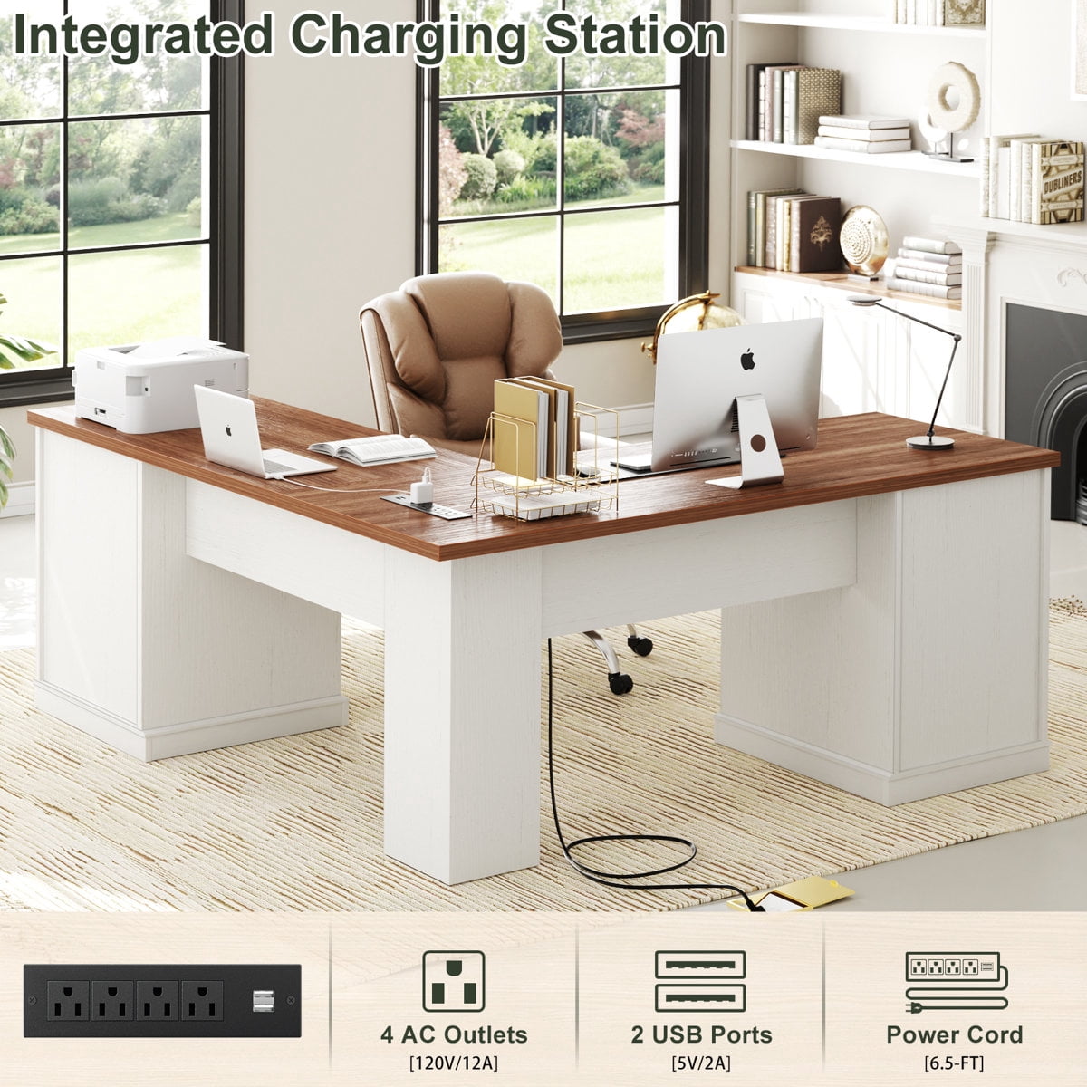 Homieasy L Shaped Executive Desk with File Drawers and  Power Outlets, Home Office Table with Storage Cabinet, Sturdy Writing Desk, White and Brown