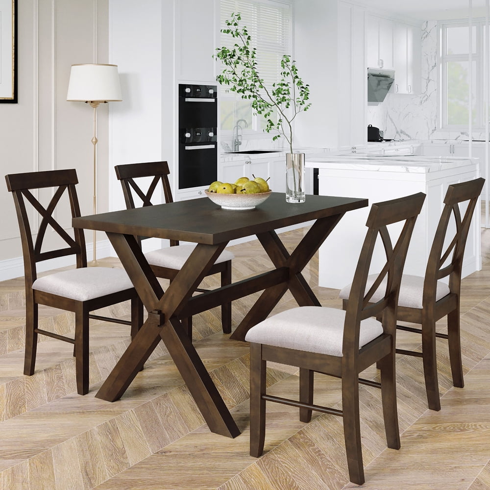 Dining Table Sets for 4, Wood Kitchen Table Set with Upholstered X-back