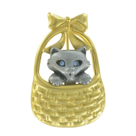 Pewter Womens Brooch - Danecraft Pewter and Gold Tone Cat Kitty In Basket Pin Brooch