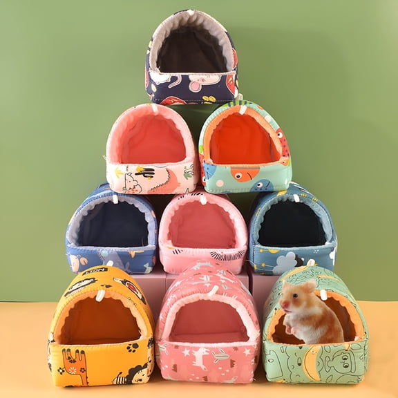 TELOLY Cartoon Pattern Guinea Pig Cave House Bed, Rabbit Squirrel Chinchilla Hamster Hedgehog Nest Hideout, Small Animals Cage Warm Supplies, Machine Washable
