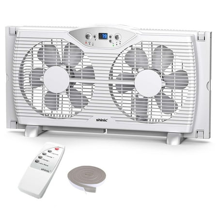 Shinic 9" Twin Window Fan with Thermostat, Reversible Airflow, 3 Speeds, Expandable Width 23.8"-37", ETL Certified