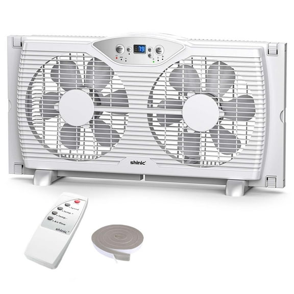 Shinic 9" Twin Window Fan with Thermostat, Reversible Airflow, 3 Speeds, Expandable Width 23.8"-37", ETL Certified