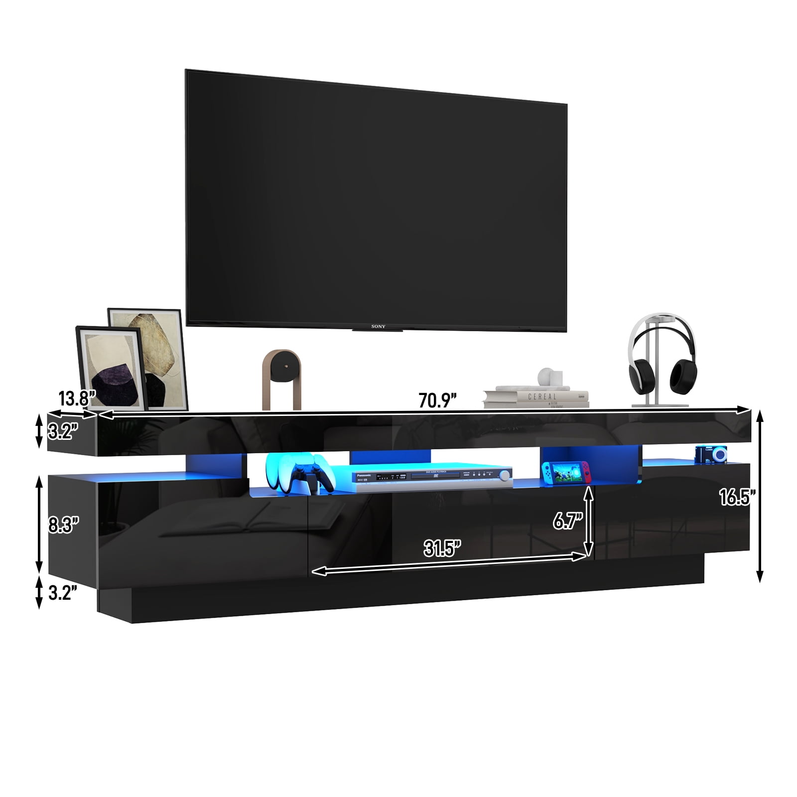 ChVans 70.9" Large LED TV Stand for 70/75/85" TV, Black High Gloss Entertainment Center w/LED Lights & Storage Drawers Furniture, Living Room TV Cabinet Console Table, Black-70.9"