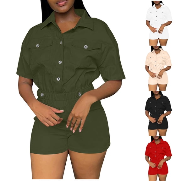 Bixock Women's Summer Romper,Cargo Pants for Women,Solid Cargo Style Toggle Button Pocket Short Jumpsuit Leisure 1 Piece Outfit
