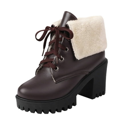GHSOHS Boots for Women Pull on Hiking Boots Ankle Booties Shoes Leather Shoes for Women British Winter Plush Black Boots Leather Lace Up Thick High Heel Short Boot Western Cowgirl Boots Size 42