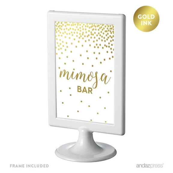 Metallic Gold Confetti Polka Dots 4x6-inch Party Signs, Mimosa Bar Sign, Includes Frame