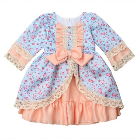 

Styles I Love Baby Toddler Girl Elegant Lace Flower Vintage Satin Long Sleeve Dress 2 Colors (Blue 130/4-5 Years)