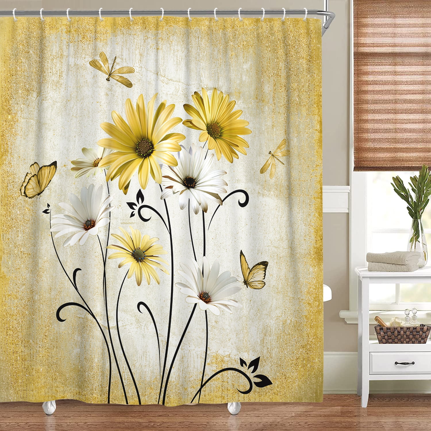 Rustic Boho Yellow Shower Curtain Farmhouse Daisy Floral Flowers Butterfly Dragonfly on Country Wooden Shower Curtain Set, Abstract Aesthetic Bathroom Accessory with Hooks, 70X70