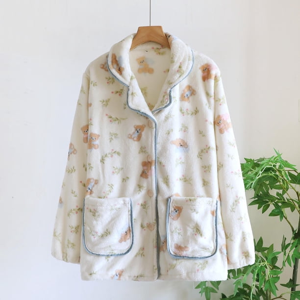 Pijama de manga larga para mujer, estilo informal, con estampado a cuadros, cuello vuelto, botones y bolsillo, de poliéster.