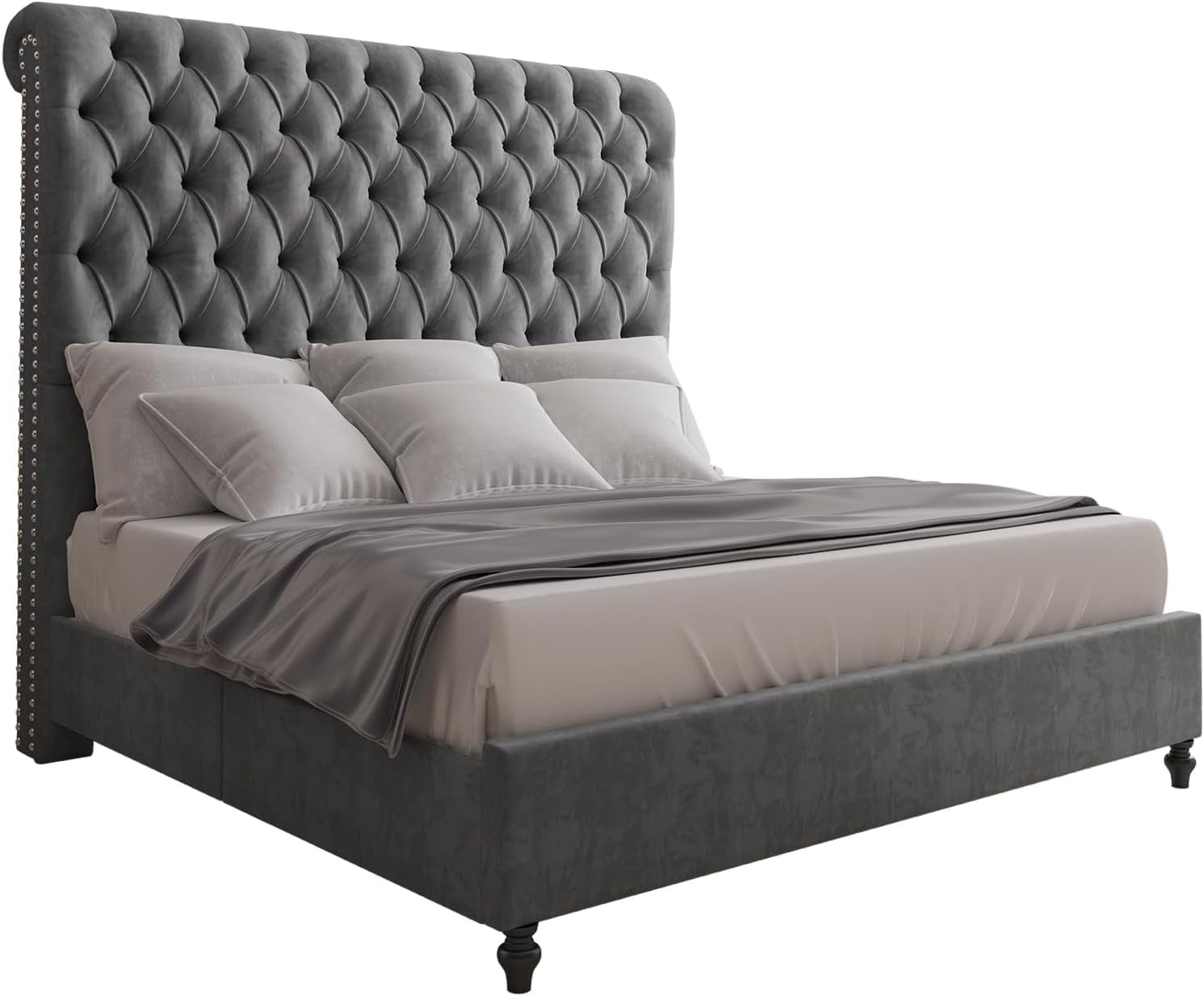 Merluxy King Bed Frame for Adult,60" Sleigh Headbord with Deep Button Tufting,Velvet Light Grey
