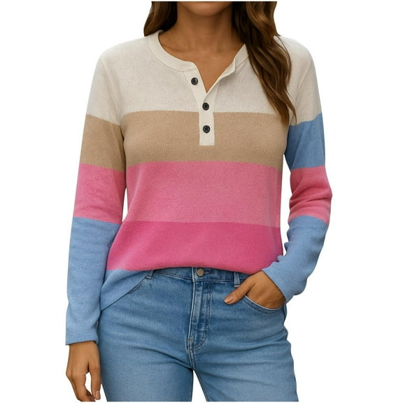 Arnsht Womens Striped T Shirts Color Blocked V Neck Long Sleeve Strip Pullover Casual Layer Top Fall Winter Y2K Shirts Pink XXXL