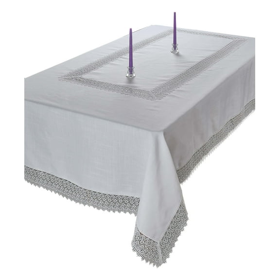 Treasure Macrame Lace - Linen Look - Tablecloth White 70" by 144" Oblong / Rectangle