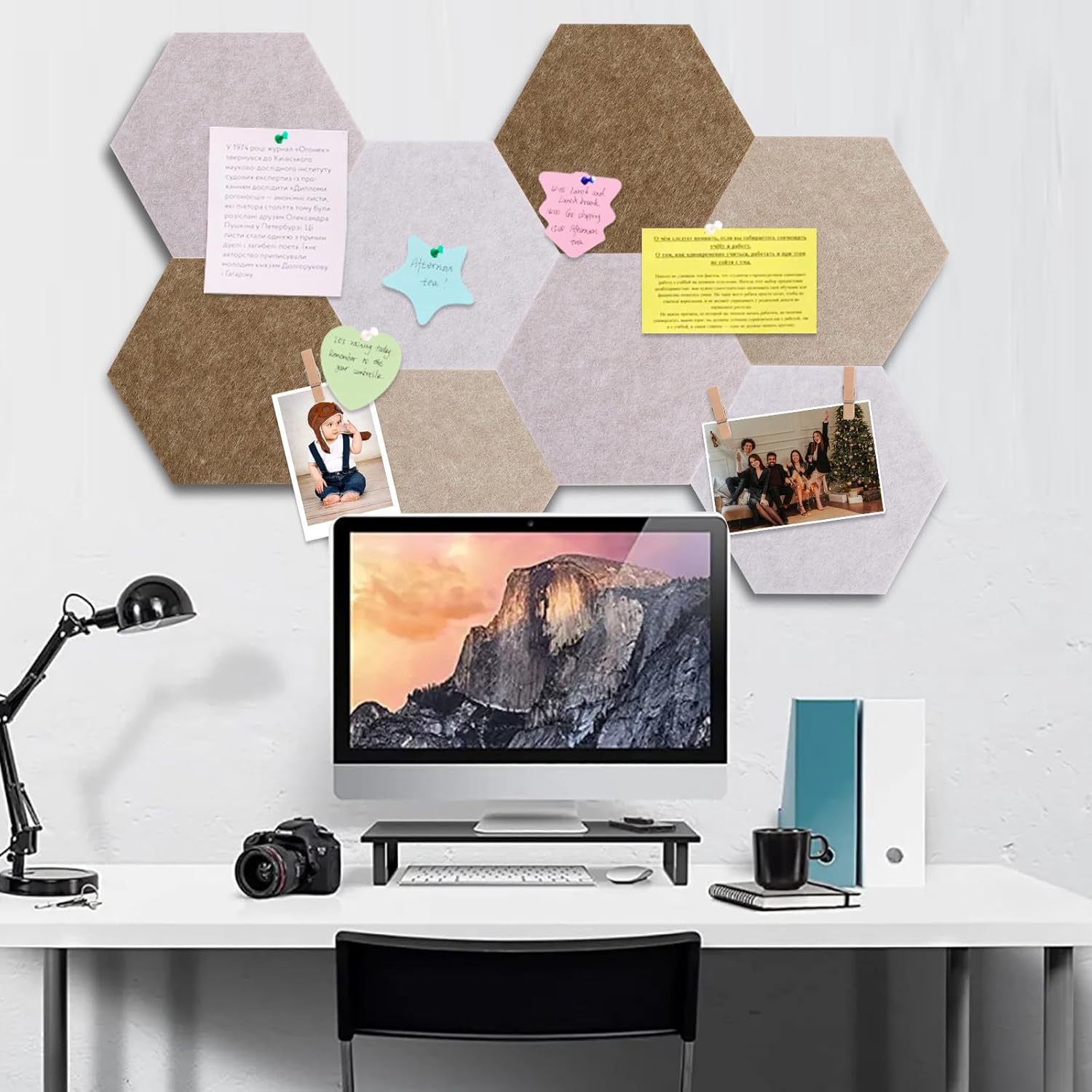 8 Pcs Hexagon Bulletin Board with 50 Pushpins & 10 Wooden Clip Pins Adhesive Cork Board for Wall，Felt Pin Board for School，Office Decor（Wood Brown）