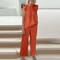 thumbnail image 3 of Ensemble Deux Pièces en Lin Ensembles de Printemps Femmes Tenues 2 Pcs Ensemble de Vêtements Féminin Col Rond Manches Courtes Hauts Pantalons Ensembles Style Cargo S_511 Survêtements pour Femmes Rouge m, 3 of 6