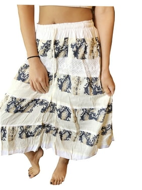 Mogul Women Beach Skirts Beige Floral A-Line Gypsy Lace Work Hippie Summer Cotton Skirts SM