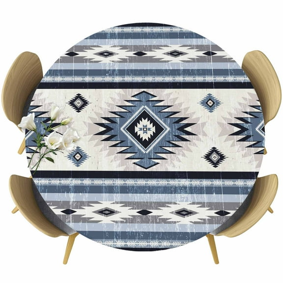 Blue Southwestern Round Tablecloth 36-44 Inch Round Fitted Table Cloth with Elastic Edge, Boho Aztec Ethnic Abstract Print Waterproof Table Cover Protector for Outdoor Picnic Party Dining