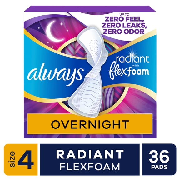 Always Radiant with FlexFoam Pads, Size 4, Overnight, Wings, 36 Count