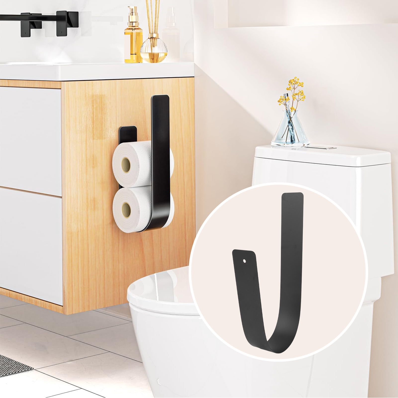 BIMZUC Toilet Paper Storage Wall Mount Iron Space Saving Stylish Look Multifunctional Toilet Paper Holder Stand Organizer For Bathroom Decor No Drilling Required Heavy Duty Metal Rack
