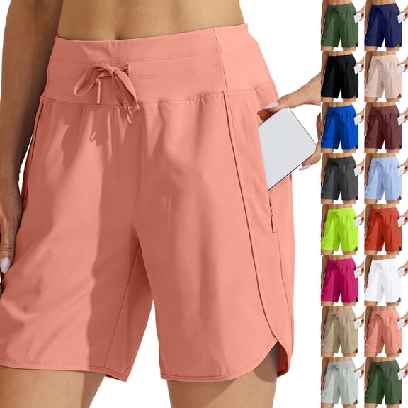 Women's 7" Athletic Running Long Shorts Workout Hiking Shorts Quick Dry High Waisted Active Zipper Pocket(Watermelon Red,S)