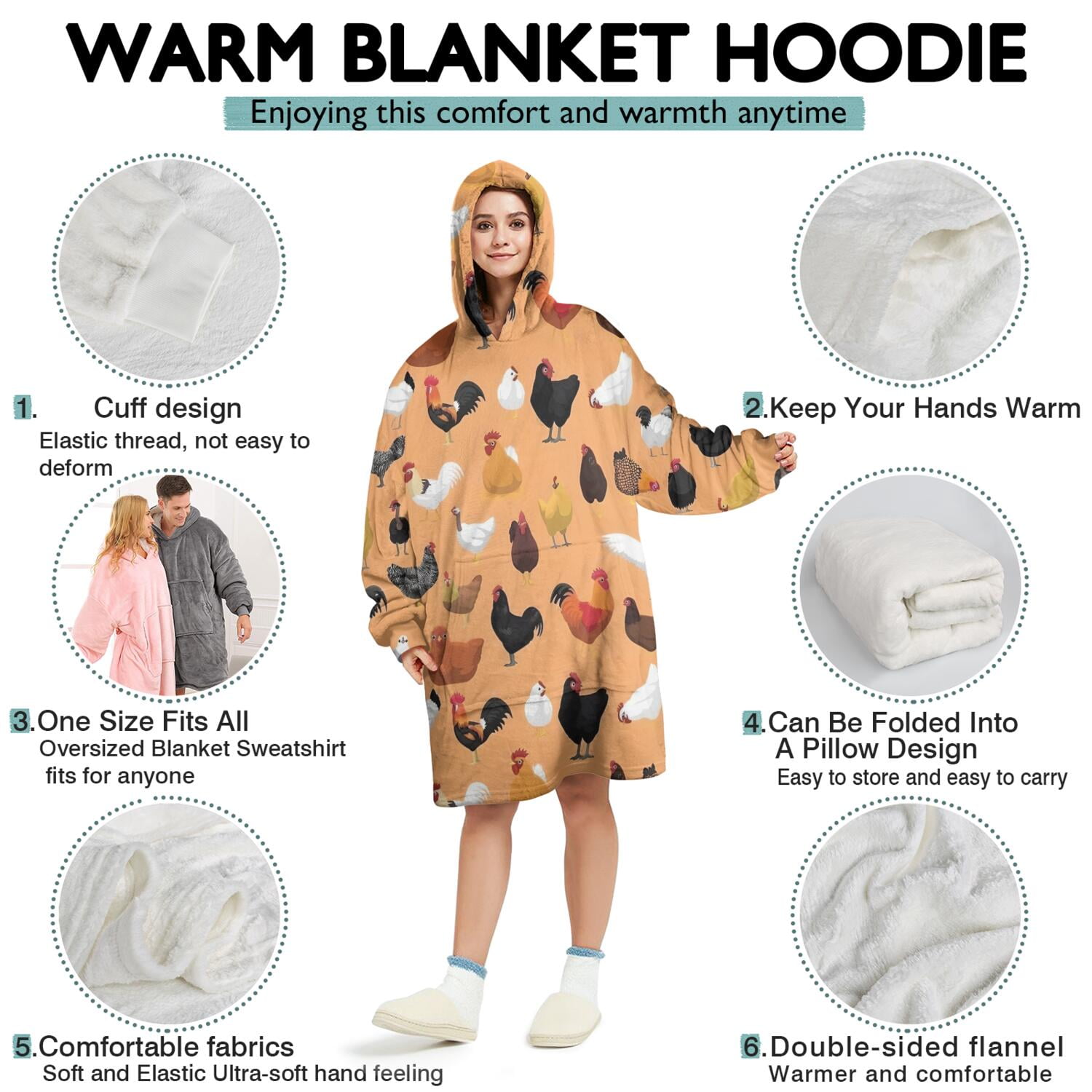 Wearable Oversized Blanket,Orange Chicken Breed Pattern Wearable Blanket Hoodie for Adults,Cozy Hooded Blankets with Super Pockets,Super Warm Fuzzy Pullover for Women & Men