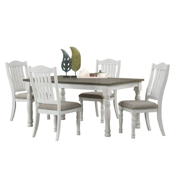 Roundhill Furniture Ebret Farmhouse 5-Piece Two-tone Distressed Dining Set, Brown and White