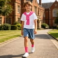 thumbnail image 4 of Boys 4 Pieces Back To School Outfit Round Neck Solid Short Sleeve Tee and Pockets Denim Shorts and Shawl and Knee High Socks Performance Outfits Casual Clothes Set 3-16 Years, 4 of 9
