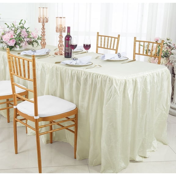 Wedding Linens Inc. 6' ft (30"x72") Rectangular Ruffled Fitted Crushed Crinkle Taffeta Tablecloth With Skirt for Party, wedding, events, décor - Ivory