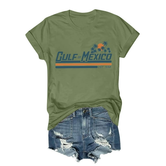 Itsame Summer Loose T-Shirt for Womens Solid Color Short Sleeved Tops Round Neck Blouses Army Green Size L