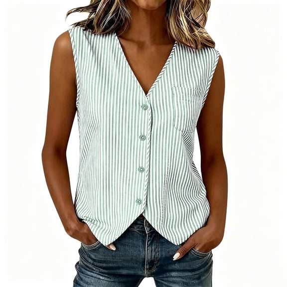 Fewfanhot Women's Striped V-Neck Sleeveless Vest, Button-Front Casual Waistcoat with Pocket, Lightweight Summer Tank Top, Multi Colors, S-2XL