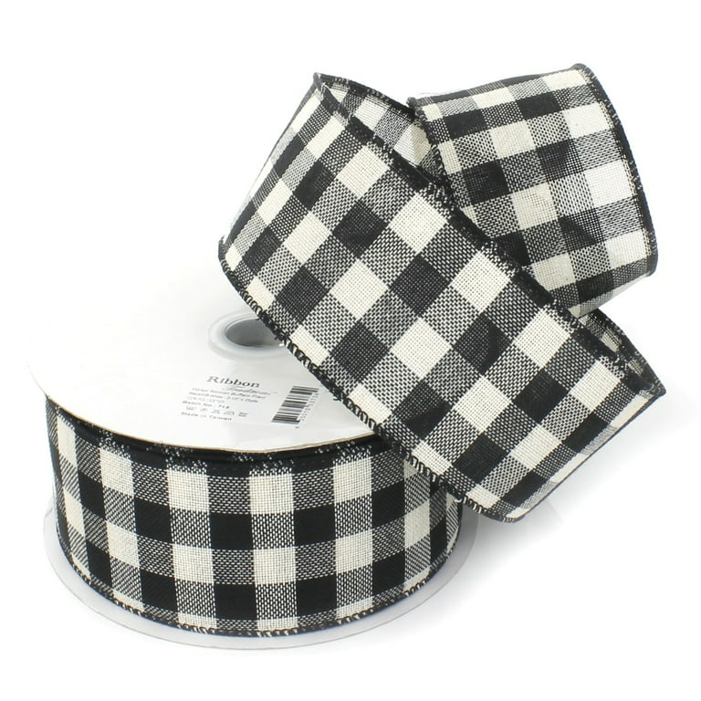 10 yards Woven Gingham Black White Wired Ribbon