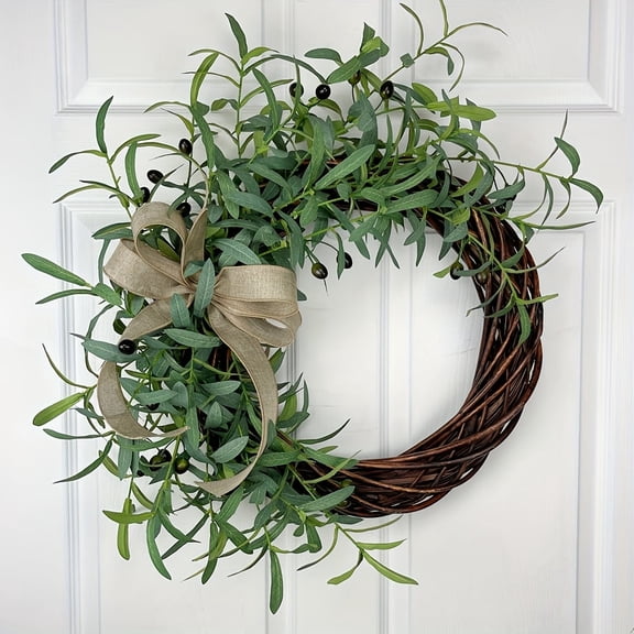 Farship 20Inch Spring Summer Wreath Artificial Green Olive Wreath with Olive Beans Wall Hanging Decorations for Front Door Indoor Outdoor Farmhouse