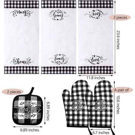 YILOSF-7 Pcs Black White Buffalo Plaid Kitchen Towels Checkered Kitchen Oven Mitts and Pot Holders Checkered Potholders Set Dish Towel Non Slip Farmhouse Decoration for Cooking Baking BBQ(Vintage)