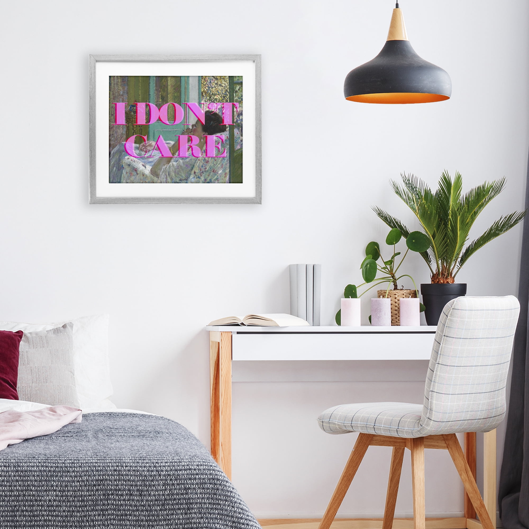 I Don't Care over Classic Painting Gray Framed Print Under Glass, design by Lil' Rue