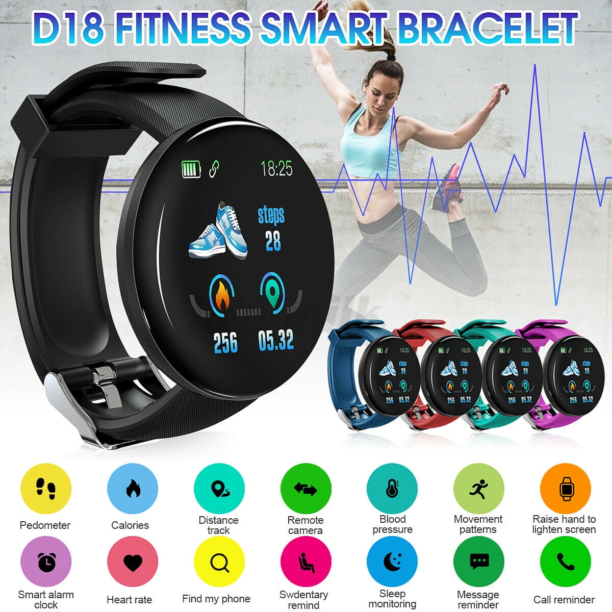 D18 Smart Fitness Bracelet Band With Measuring Pressure Pulse Meter Sport Activity Tracker Watch Wristband
