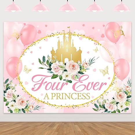 Four Ever a Princess Birthday Backdrop Floral 4th Birthday Backdrop Pink Gold Royal Photography Background Cloth Banner for Girls 4th Bday Princess Party Supplies Photo Booth Props 7 * 5ft
