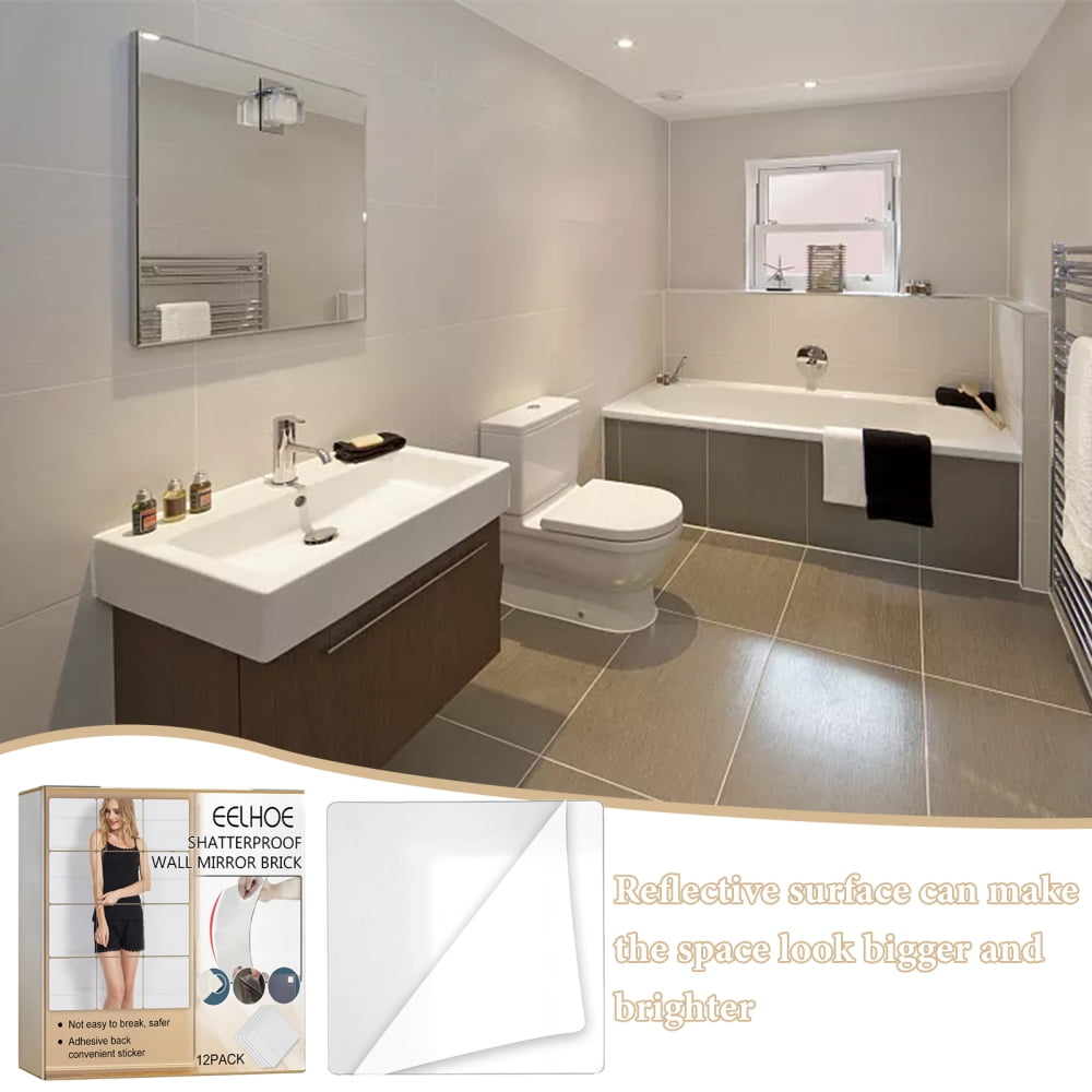 12Pcs Mirror Tiles Frameless WallMounted Square Make Up Mirror For