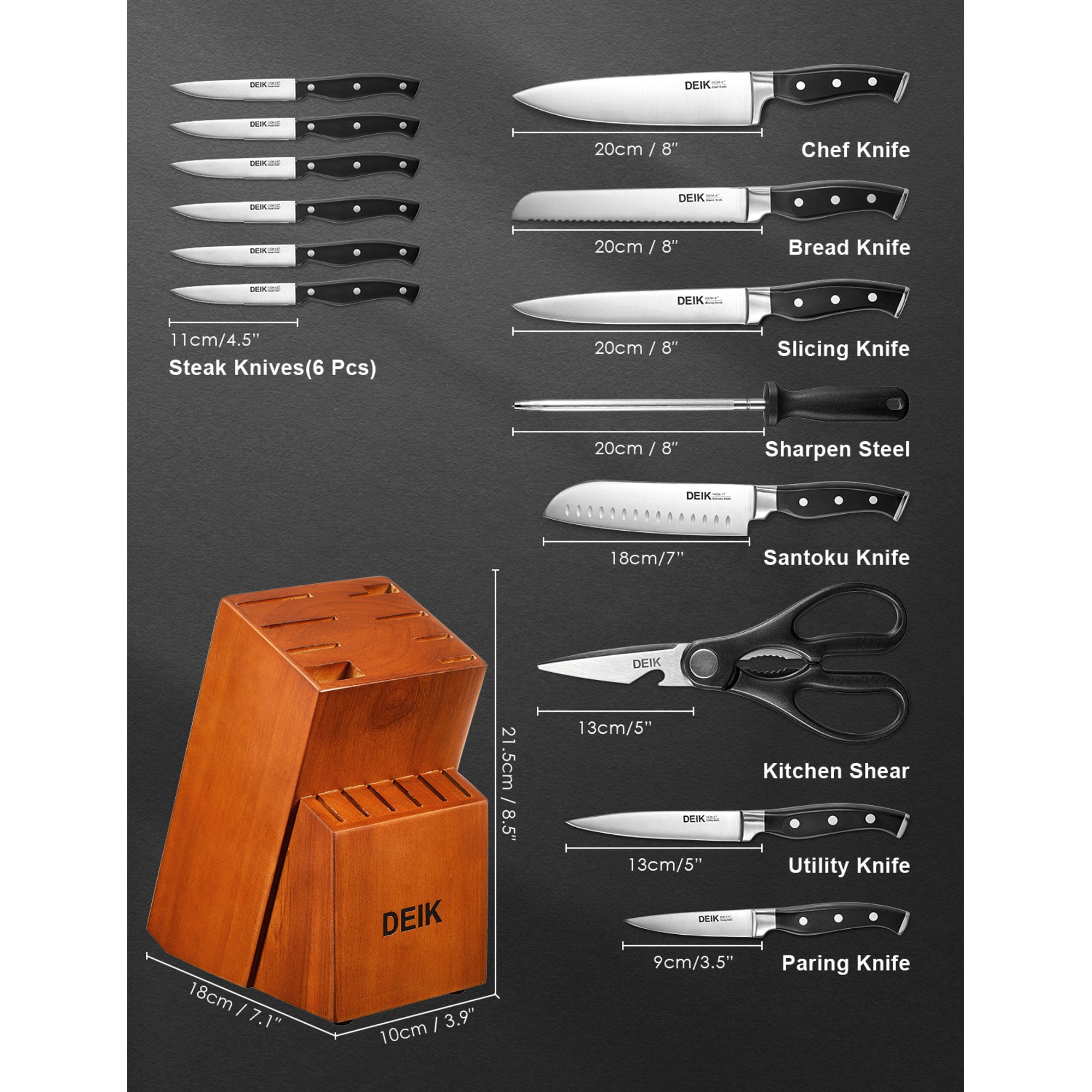 Review Analysis + Pros/Cons - Kitchen Knife Set DEIK 6 Piece German  Stainless Steel Knife Block Set Forged Triple Rivet Handle Cutlery Chef Knife  Set Pine Wooden Block Full Tang Design