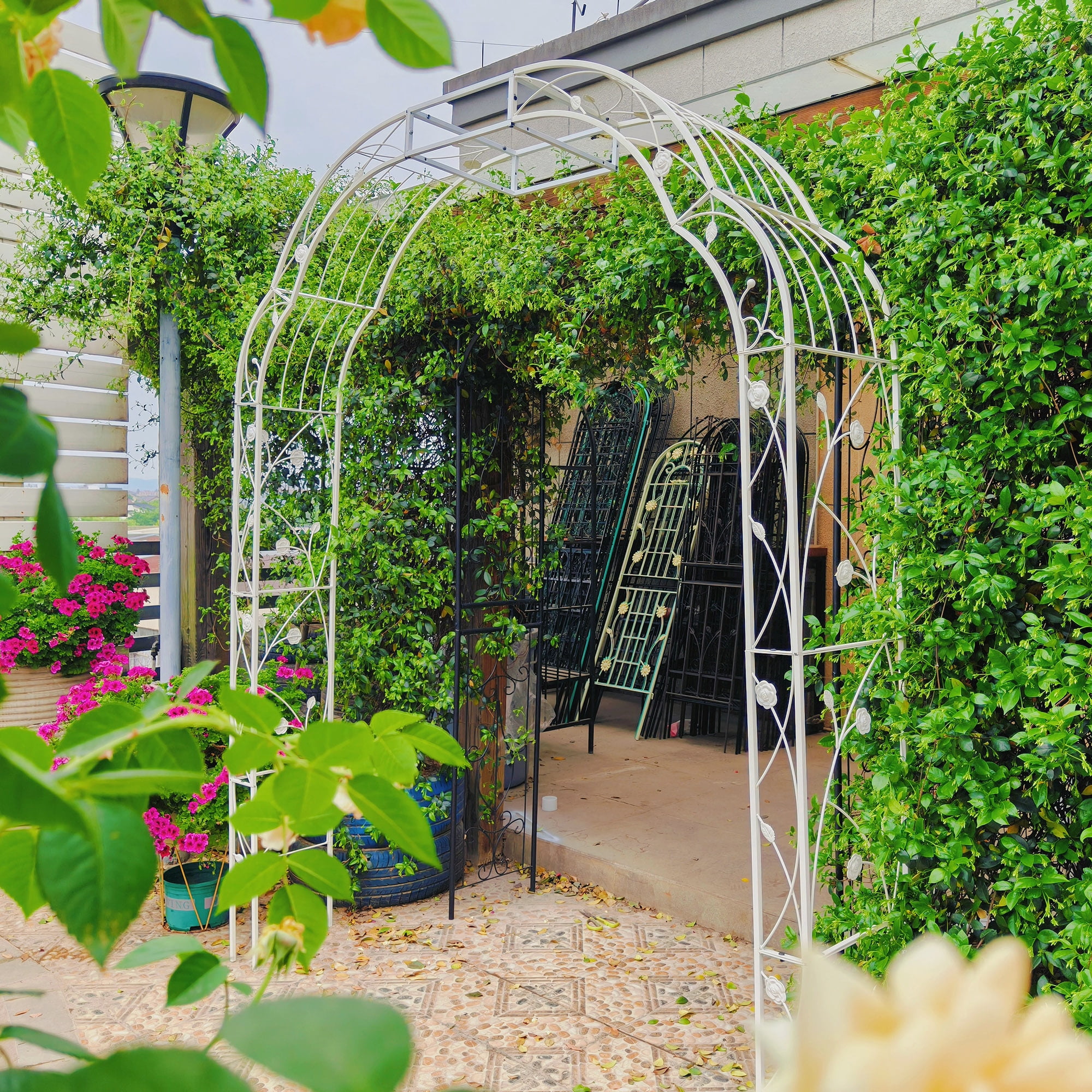 Metal Garden Arch W74.4" x H98.4" Garden Arbor Trellis Climbing Plants Support Rose Arch Outdoor Arch Cream White