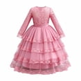 thumbnail image 3 of ZHOGXU Kids Elegant Girls Princess Dress Lightweight Mesh Layered Gown With Long Sleeve Soft Satin Bow Belt Birthday Party Outfit, 3 of 9
