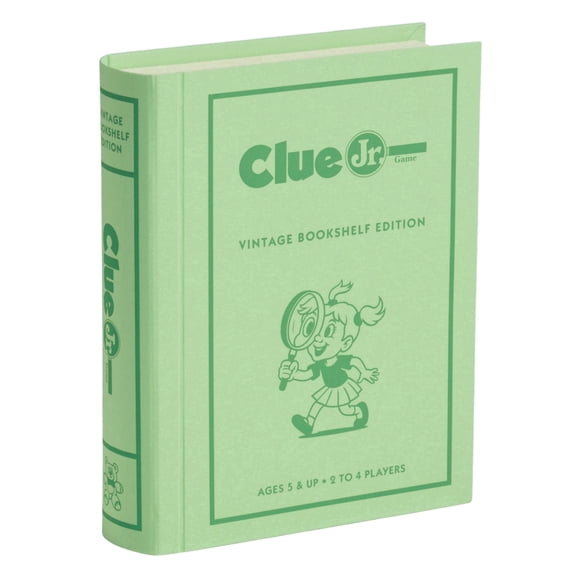 WS Game Company Clue Jr. Vintage Bookshelf Edition – The Case of the Hidden Toys – Fabric Wrapped Book Storage Mystery Board Game for Kids Ages 5 and Up