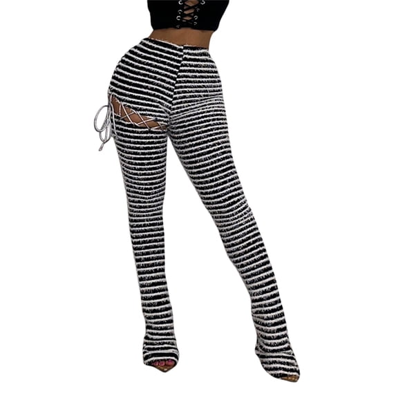Coduop Women Fuzzy One Leg Stacked Pants Black and White Striped Knitted Skinny Wide Leg Pants