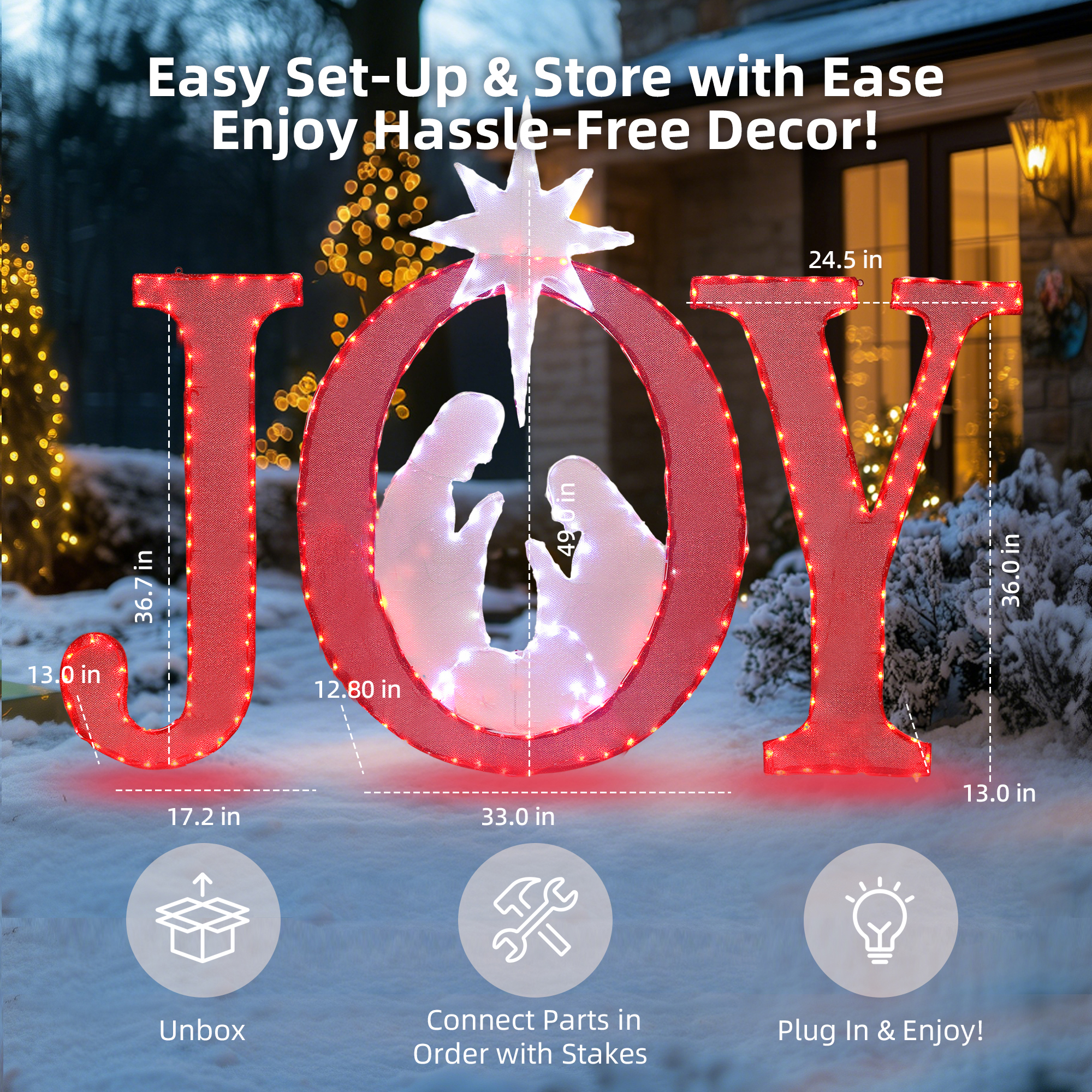 Starfree 49-inch Outdoor JOY Christmas Nativity Decoration Large Lighted JOY Sign Christmas Holiday Decorations Twinkling LED Hang/Stand Yard Signs