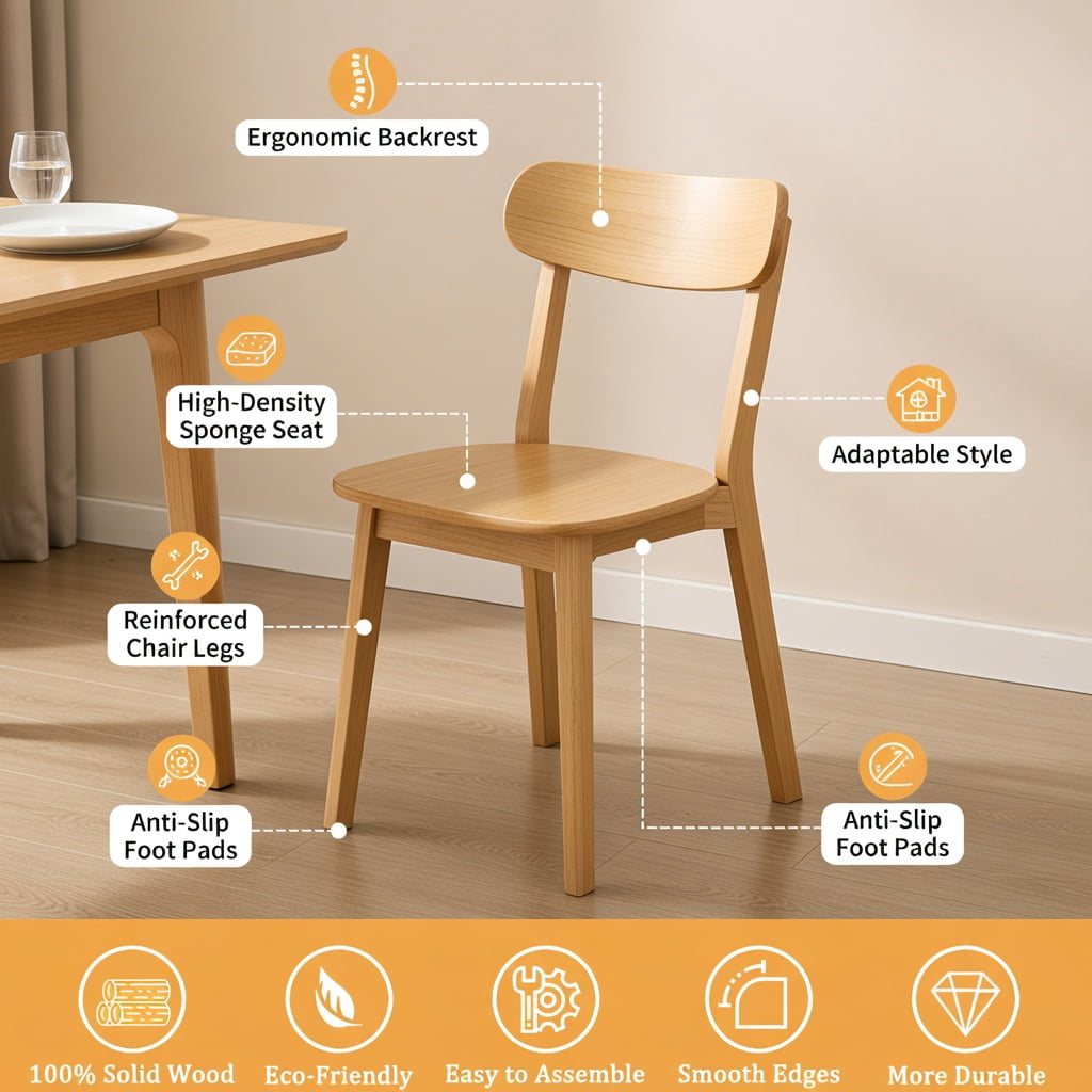 Hommoo 4 Pcs Mid Century Modern Solid Wood Dining Chairs, Ergonomic Curved Backrest, Adjustable Leveling Feet, for Dining Room, Kitchen & Living Room, Natural Wood