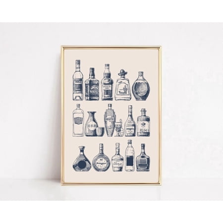 Vintage Liquor Bottles Wall Art Print With Navy Blue Retro Bar And Kitchen Decor