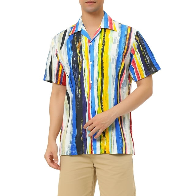 INSPIRE CHIC Chemises à Rayures pour Hommes à Manches Courtes Boutonnées Chemise Hawaïenne Imprimée S Bleu Jaune Rouge