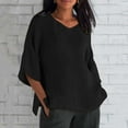 thumbnail image 4 of Helii T Shirts for Women V Neck Solid Color 3/4 Sleeve Tops Casual Loose Lightweight Linen Cotton Blouse for Spring Summer Fashion Clothing Black, 4 of 5