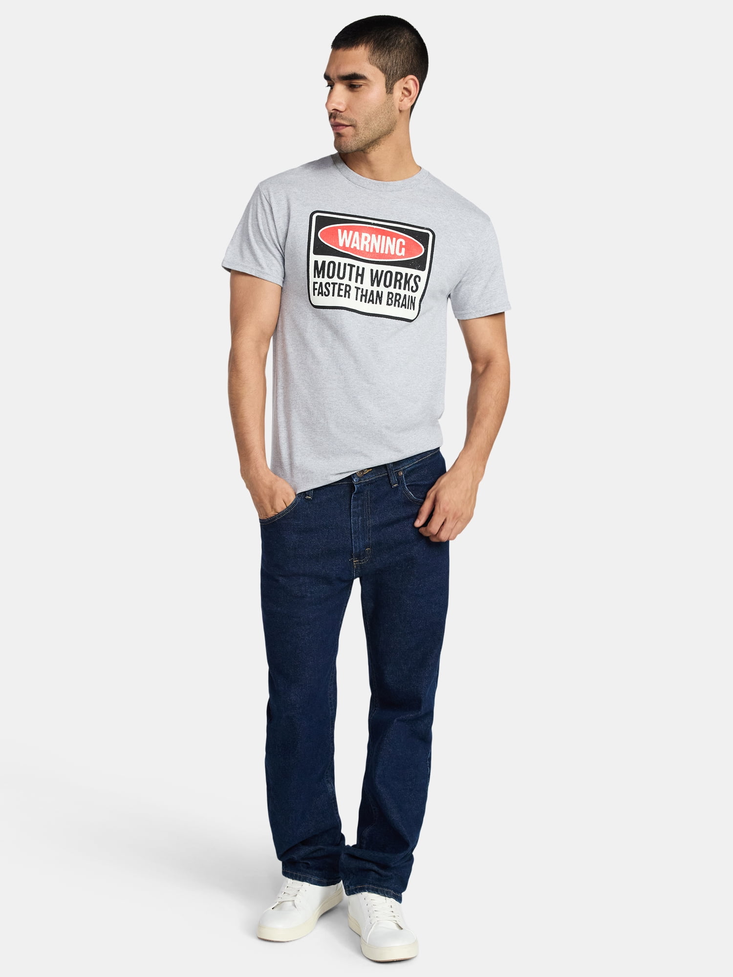 Humor Men's and Big Men's Warning Mouth Works Faster Than Brain Graphic Tee, Size S-3XL