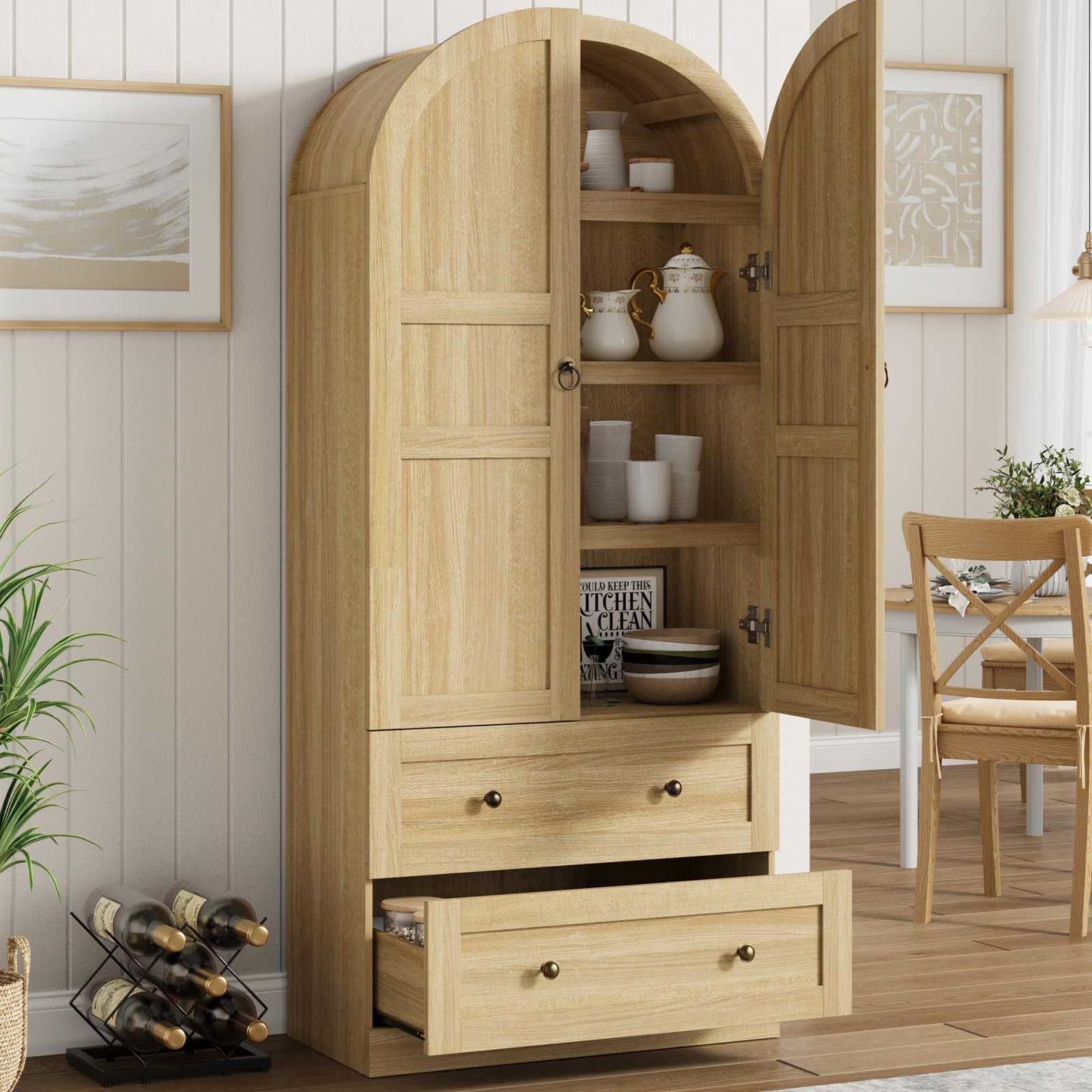 COZONY 72" Tall Arched Kitchen Pantry Cabinet, Farmhouse Wooden Storage with 2 Drawers & Wood Doors, Freestanding Buffet for Dining & Living Room,Wood color